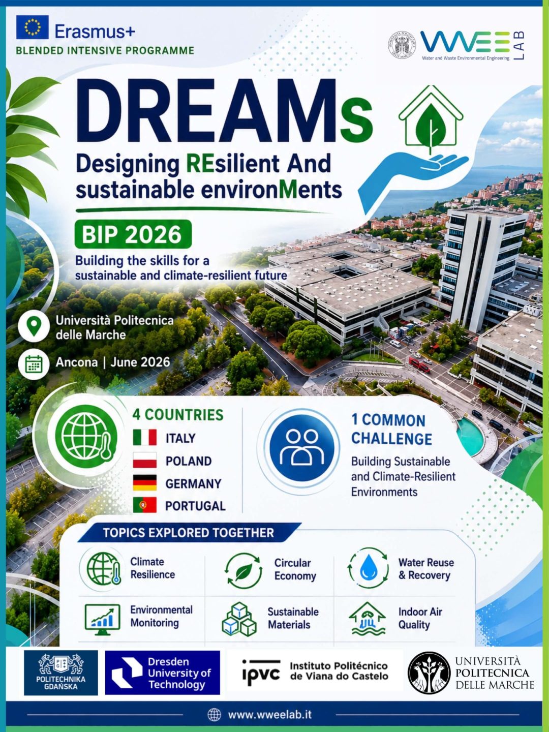 Studenti e docenti europei partecipano al programma Erasmus+ DREAMs BIP 2026 presso l’Università Politecnica delle Marche per approfondire resilienza climatica, sostenibilità ambientale ed economia circolare.