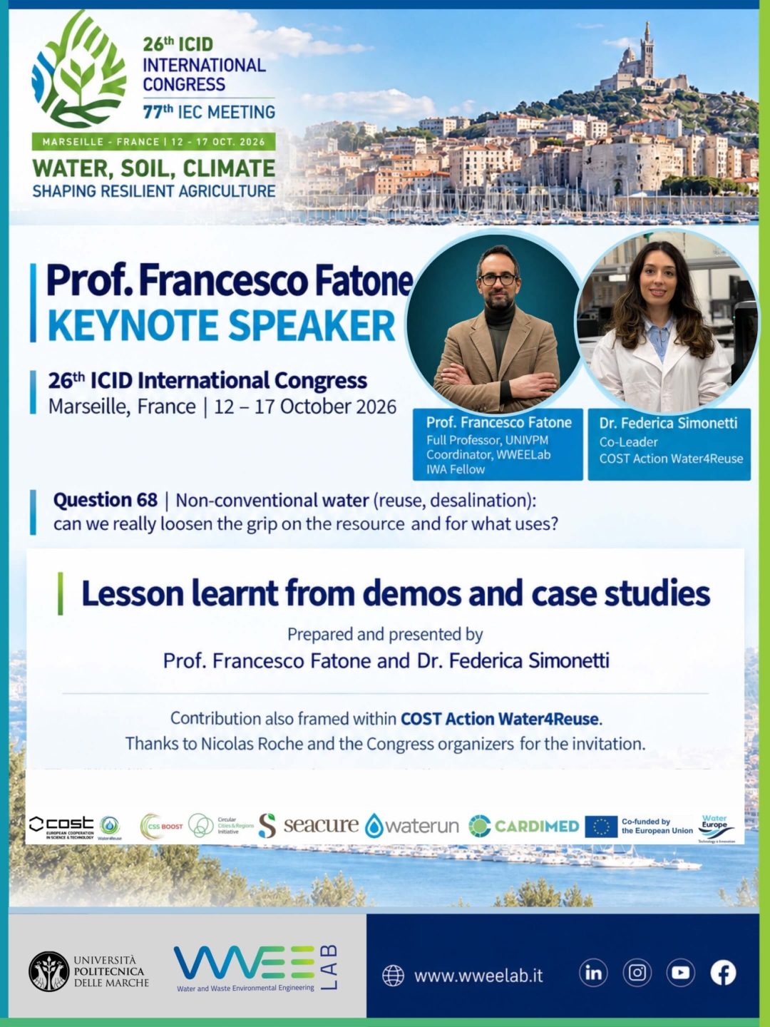 Prof. Francesco Fatone Keynote Speaker al 26th ICID International Congress 2026 di Marsiglia con Dr. Federica Simonetti