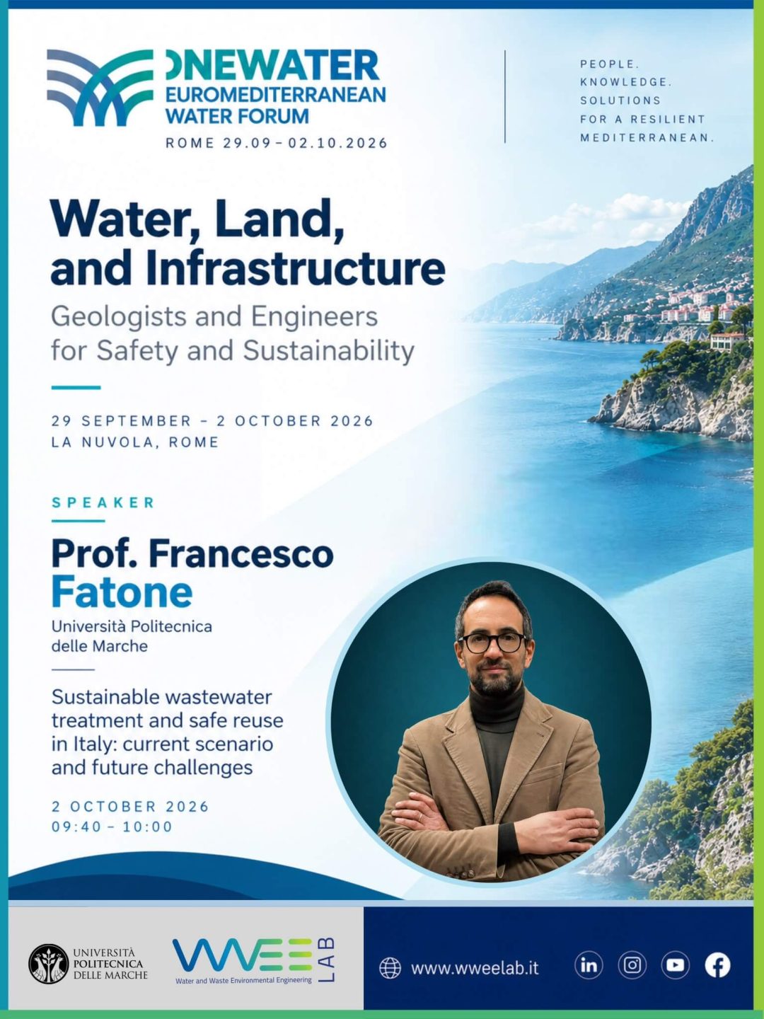 Francesco Fatone a ONEWATER 2026 a Roma sul trattamento sostenibile e riuso sicuro delle acque reflue