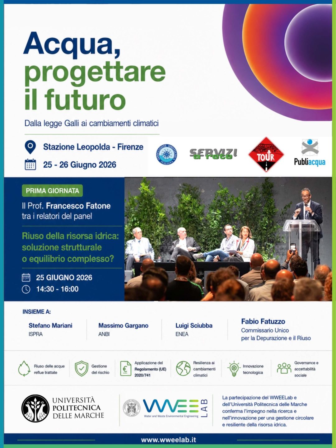 Prof. Francesco Fatone durante il panel sul riuso della risorsa idrica al Servizi a Rete TOUR 2026 presso la Stazione Leopolda di Firenze.
